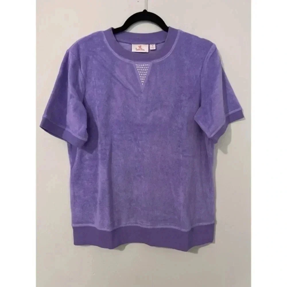 Quacker Factory Sweater Women’s Medium Purple Short Sleeve Terry Cloth Studded